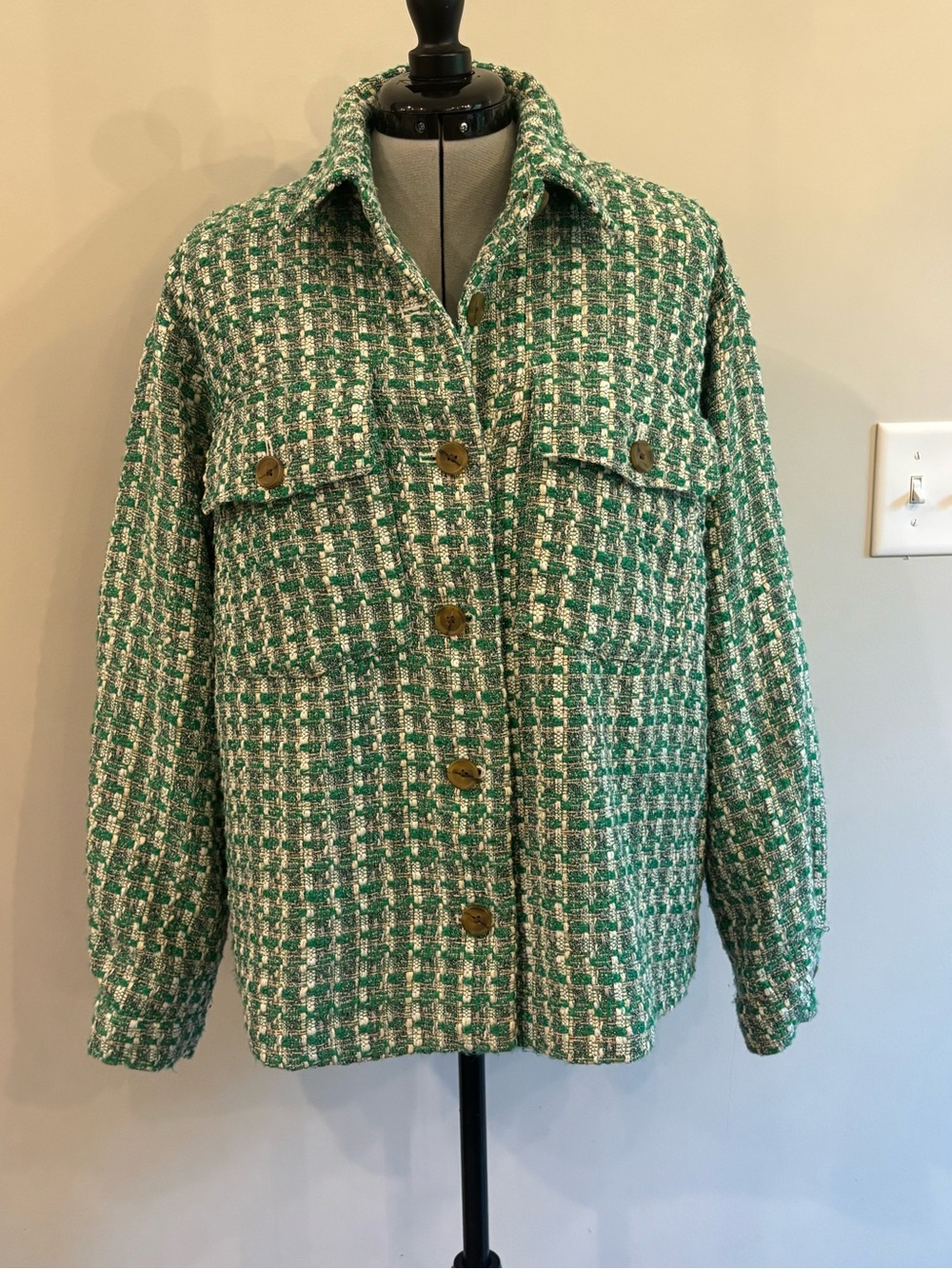 Anthropologie Green Ivory Tweed Jacket Button Front Plaid Boucle Shacket 0264‎
